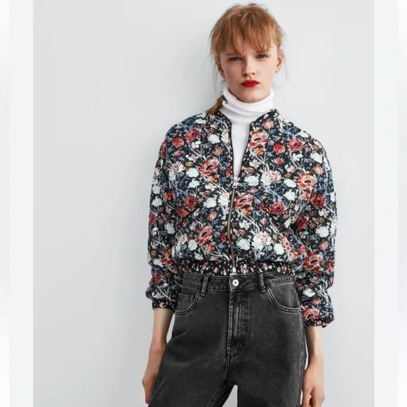 Zara Floral Quilted Bomber Jacket Metallic Black XL - Picture 2 of 7